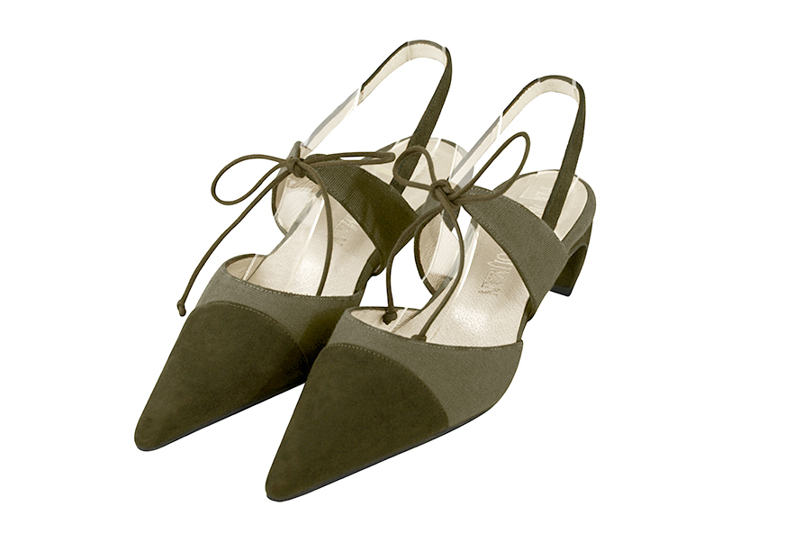 Khaki green women's open back shoes, with an instep strap. Pointed toe. Low comma heels. Front view - Florence KOOIJMAN